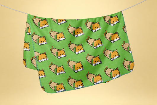 Green Kawaii Burrito Cat Blanket - Funny Cat Minky Fleece Blanket - Cute Gift for Burrito & Cat Lover - [Small / Medium / Large]