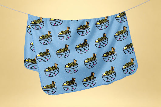 Blue Cute Kawaii Ramen Blanket - Japanese Ramen Minky Fleece Blanket - Cute Gift for Ramen & Kawaii Lover - [Small / Medium / Large]