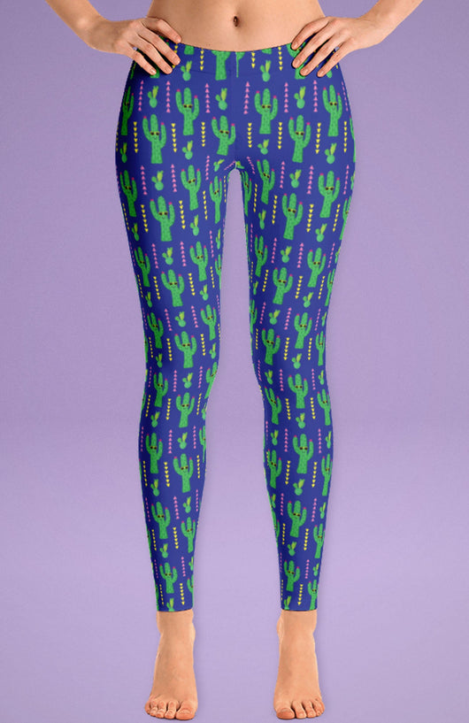Free Shipping Worldwide! Blue and Green Cactus Leggings - Cute Leggings For Her
