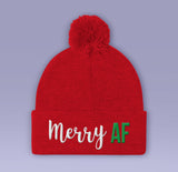 Merry AF Holiday Beanie - Red / Blue - Winter Pom Beanie Hat - Merry AF