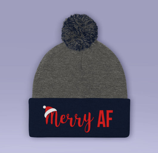 Merry AF Holiday Beanie - Red / Blue - Winter Pom Beanie Hat - Merry AF