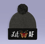 Lit AF Drunk Reindeer Holiday Beanie - Red / Blue - Winter Pom Beanie Hat - Lit As F*CK