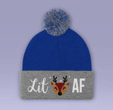 Lit AF Drunk Reindeer Holiday Beanie - Red / Blue - Winter Pom Beanie Hat - Lit As F*CK