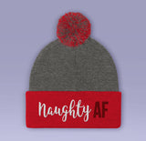 Naughty AF Holiday Beanie - Gray / Black / Red- Winter Pom Beanie Hat - Naughty As F*CK