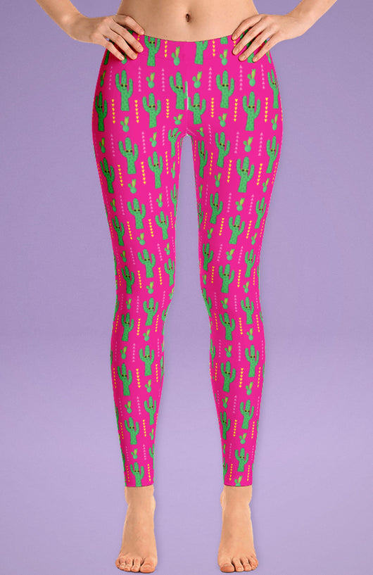 Free Shipping Worldwide! Pink & Green Cactus Leggings - Cute Leggings For Her