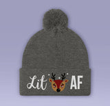 Lit AF Drunk Reindeer Holiday Beanie - Red / Blue - Winter Pom Beanie Hat - Lit As F*CK