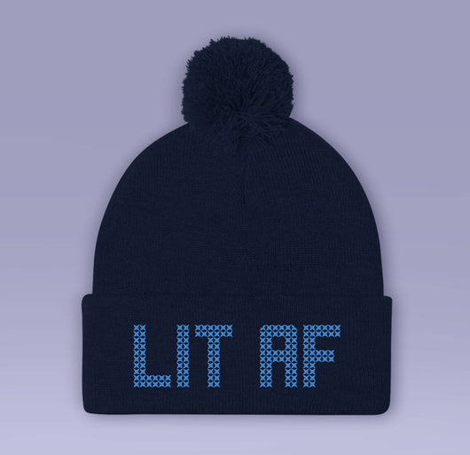 Lit AF Drunk Holiday Beanie - Red / Blue - Winter Pom Beanie Hat - Lit As F*CK