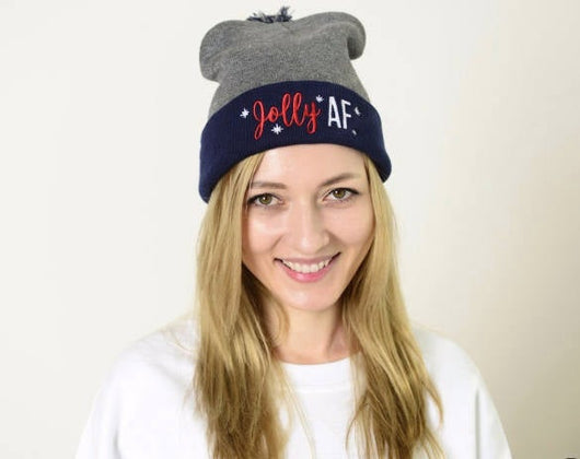 Jolly AF Holiday Beanie - Black / Blue Winter Pom Beanie Hat - Jolly As F*CK