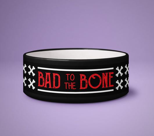Dog Bowl - Bad To The Bone - Puppy Present - Cute Printed Dog Pet Bowl - Great Gift For Dog Owner