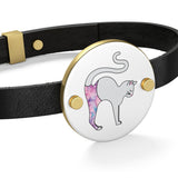 White Cat Pose Yoga Cat Leather Bracelet - Heart Shape Or Coin Shape -  Silver or Gold Options - Cat Jewelry
