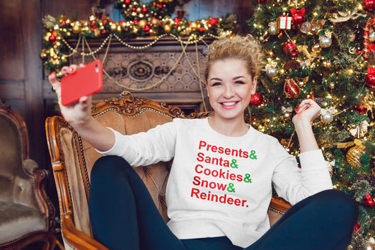 Presents and Santa and Cookies and Snow and Reindeer -  Christmas Holiday Sweater - Ugly Sweater Party Design