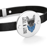 Ruff Rider Bulldog Leather Bracelet  Heart Shape Or Coin Shape  Silver  Gold Options  Dog Jewelry