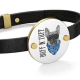 Ruff Rider Bulldog Leather Bracelet  Heart Shape Or Coin Shape  Silver  Gold Options  Dog Jewelry