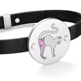 White Cat Pose Yoga Cat Leather Bracelet - Heart Shape Or Coin Shape -  Silver or Gold Options - Cat Jewelry