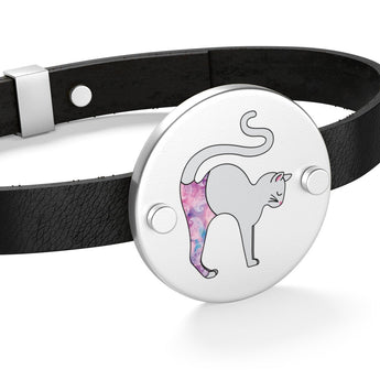 White Cat Pose Yoga Cat Leather Bracelet - Heart Shape Or Coin Shape -  Silver or Gold Options - Cat Jewelry