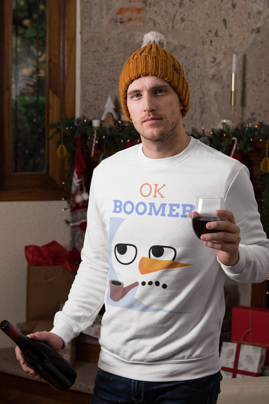 OK Boomer - Snowman Holiday Sweater - Christmas Sweater Crewneck - Holiday Sweater White