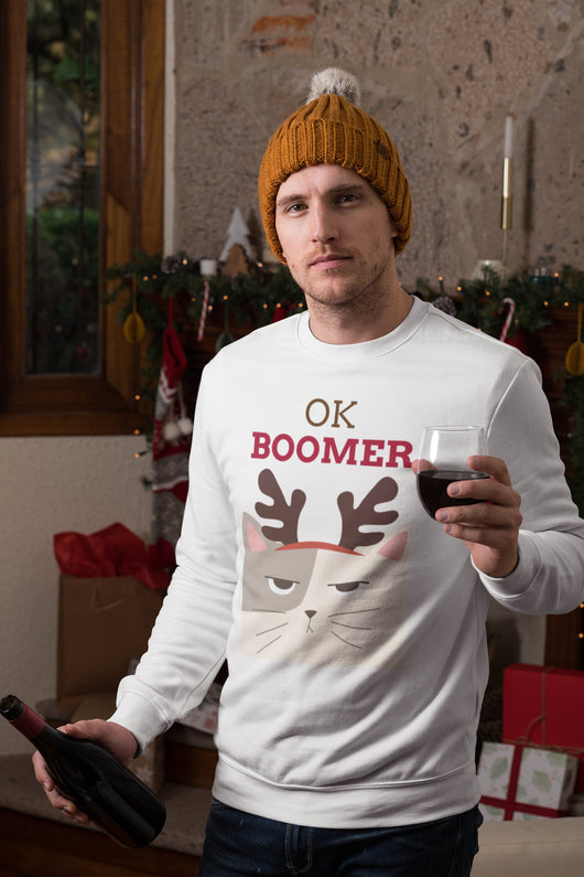 OK Boomer - Angry Reindeer Cat - Tree Holiday Sweater - Christmas Sweater Crewneck - Holiday Sweater White