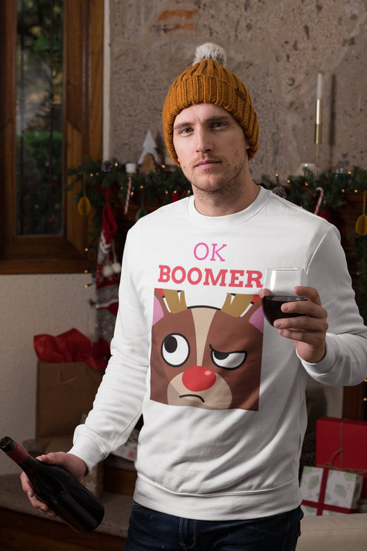 OK Boomer - Annoyed Reindeer - Tree Holiday Sweater - Christmas Sweater Crewneck - Holiday Sweater White