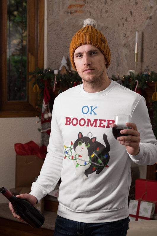 OK Boomer - Disaster Cat - Tree Holiday Sweater - Christmas Sweater Crewneck - Holiday Sweater White
