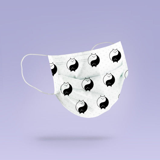 REUSABLE FIRE Ying Yang Cat Mask-  Soft, Cloth, Fire Design, Washable, Re-Usable,  White Face Mask - Adult Mouth Cover - Cat Face Mask