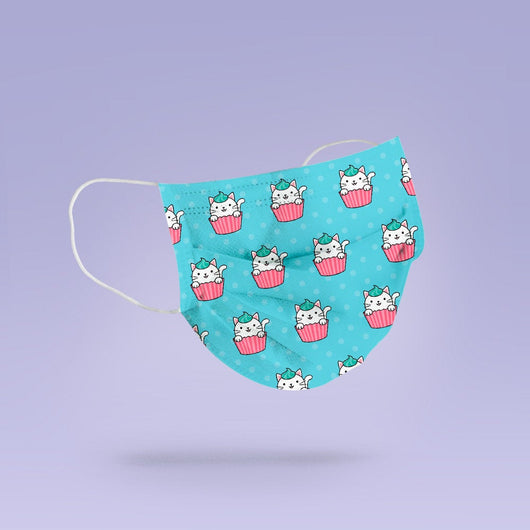 REUSABLE Cupcake Cat Mask- Soft, Cloth, Fire Design, Washable, Re-Usable, Blue Face Mask - Adult Mouth Cover - Cat Face Mask
