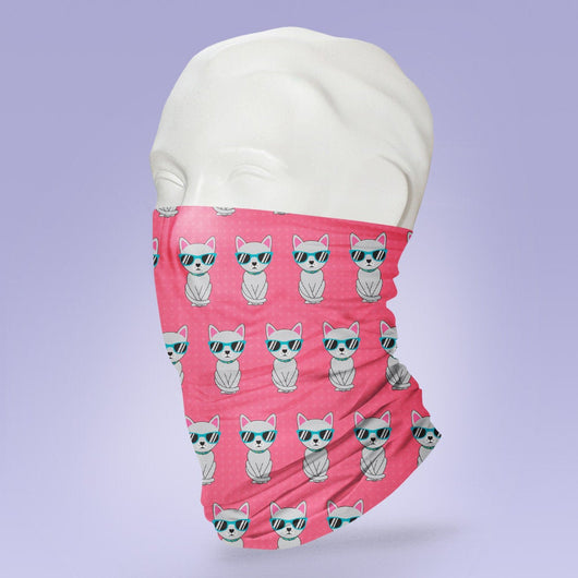 Washable & Reusable Pink Cat With Sunglasses  - Gaiter Face Shield - Face Mask - Face Buff - Snood
