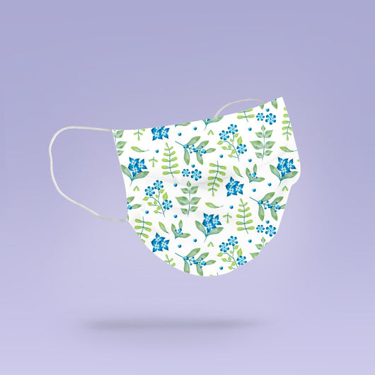 REUSABLE FACE MASK - Soft, Cloth, Washable, Re-Usable, White & Blue Flower Print Mask Mouth Cover - Flower Print Face Mask