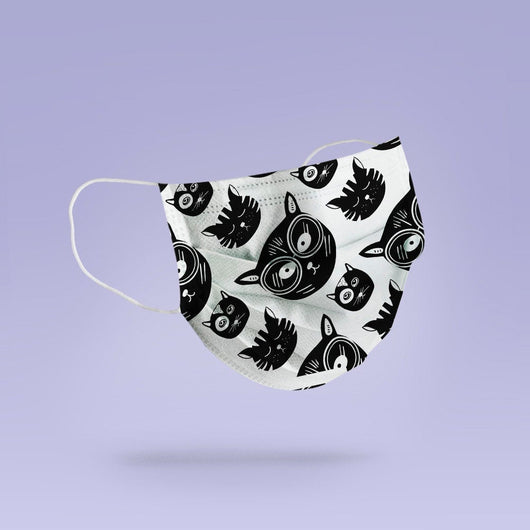 REUSABLE FACE MASK -  Soft, Cloth, Anti-Dust, Washable, Re-Usable, Funky Hipster Black Cat Print Adult Mouth Cover - Cat Face Mask