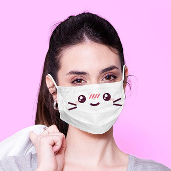 Washable & Reusable White Smiley Kawai Face Mask -  Mask Cover - Funny Masks - Animal Face Mask