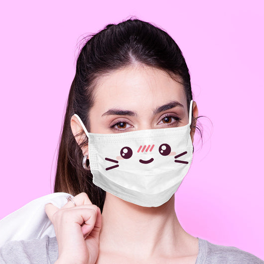 Washable & Reusable White Smiley Kawai Face Mask -  Mask Cover - Funny Masks - Animal Face Mask