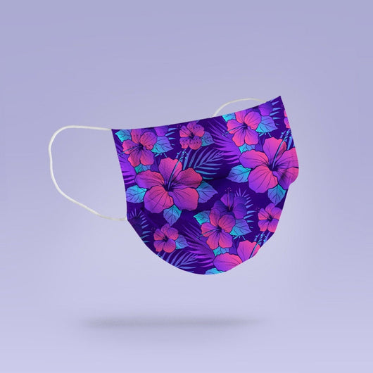 REUSABLE FACE MASK - Soft, Cloth,  Retro 80's Style Hibiscus Flower Themed Mask Design, Washable, Re-Usable -Flower Face Mask