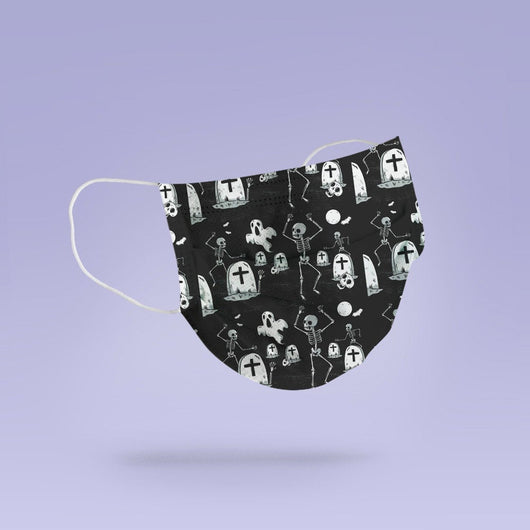 Washable & Reusable Black and White Skeleton Graveyard Themed Mask Cover - Spooky Halloween Face Mask  -  Goth Face Mask Cover