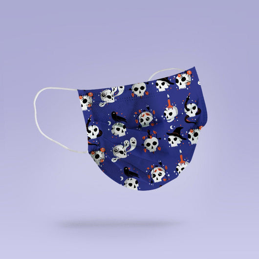 Washable & Reusable Blue Halloween Skulls and Roses Mask Cover - Spooky Halloween Face Mask  -  Goth Face Mask Cover