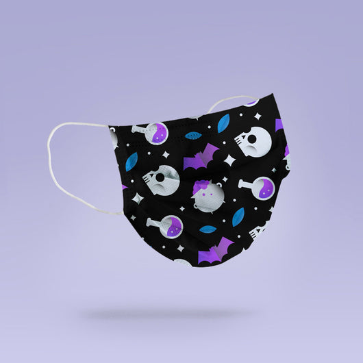 Washable & Reusable Blue Halloween Skulls and Caldrons Mask Cover - Spooky Halloween Face Mask  -  Goth Face Mask Cover