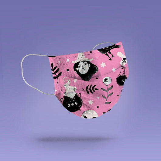 Washable & Reusable Pink Good Witch Mask Cover - Witch and Caldron Halloween Face Mask  -  Goth Face Mask Cover