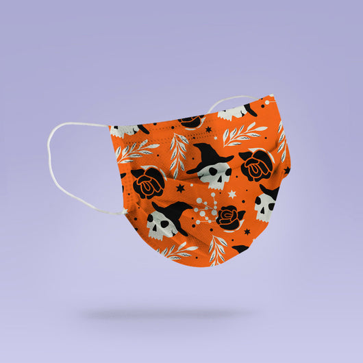 Washable & Reusable Orange Halloween Skulls and Roses Mask Cover - Spooky Halloween Face Mask  -  Goth Face Mask Cover
