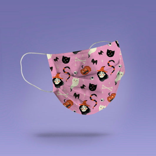 Washable & Reusable Spooky Pink Cute Witch Mask Cover - Spooky Witch Halloween Face Mask  -  Goth Face Mask Cover