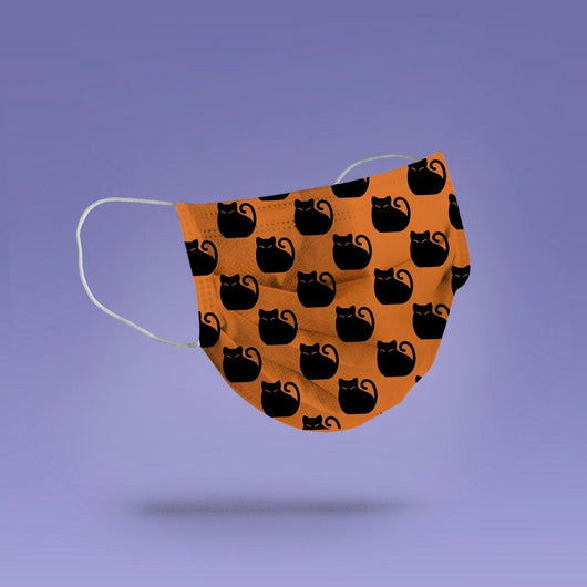 Washable & Reusable Orange Black Cat  Mask Cover - Spooky Cat Halloween Face Mask  -  Goth Face Mask Cover